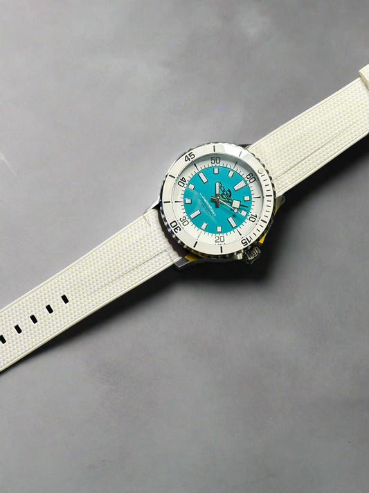 44mm Super Ocean Automatic Homage Watch- White bezel, Turquoise dial, rubber strap