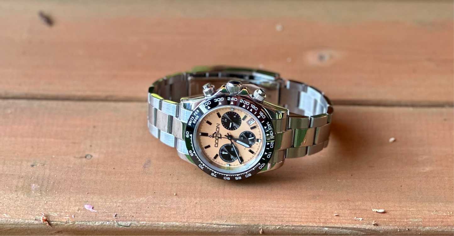 40mm sand dial Vk63 mechaquartz chronograph w/ black bezel