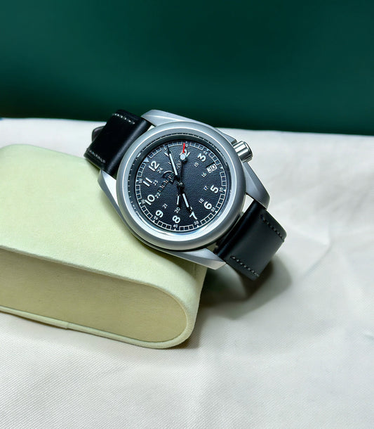 Sand Blasted 40mm Black Dial Field Watch on Genuine Black Leather Strap