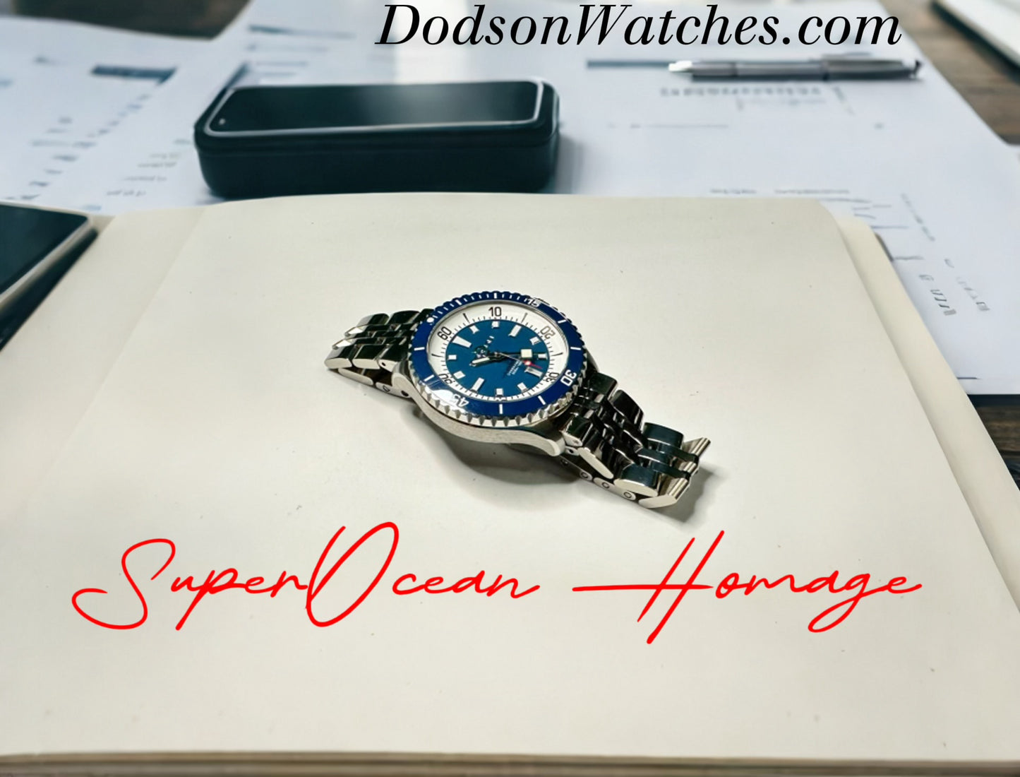 44mm Super Ocean Automatic Homage Watch- Blue Bezel, Blue Dial on stainless steel bracelet