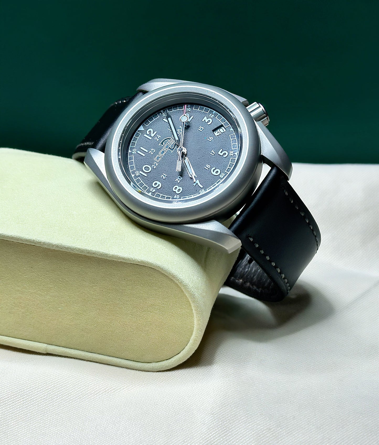 Sand Blasted 40mm Black Dial Field Watch on Genuine Black Leather Strap