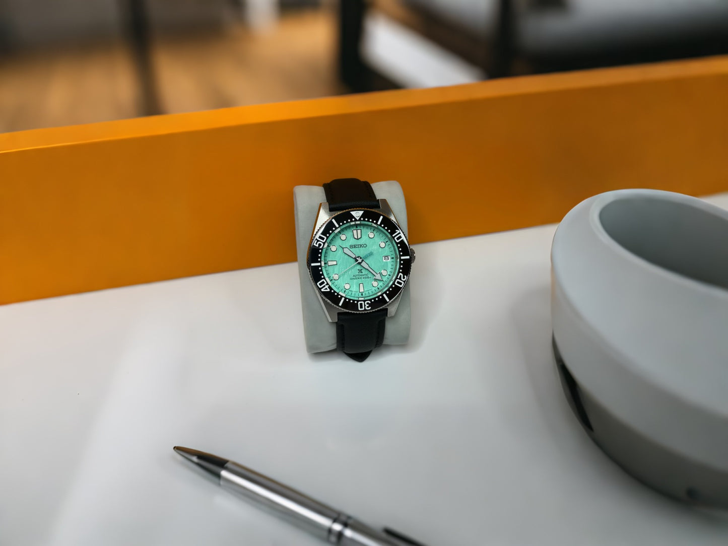 40.5mm Mint Green Automatic Dive Watch on black sail cloth strap