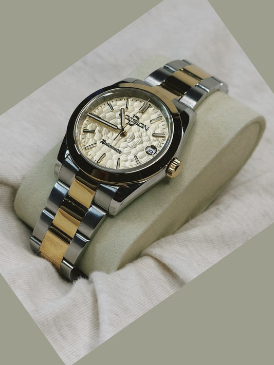 36mm two-tone automatic NH35 date just, gold textured dial