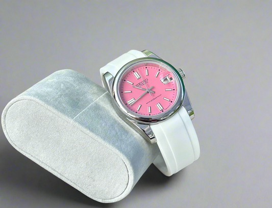 36mm Pink Datejust Smooth Bezel Automatic Watch on White silicone strap