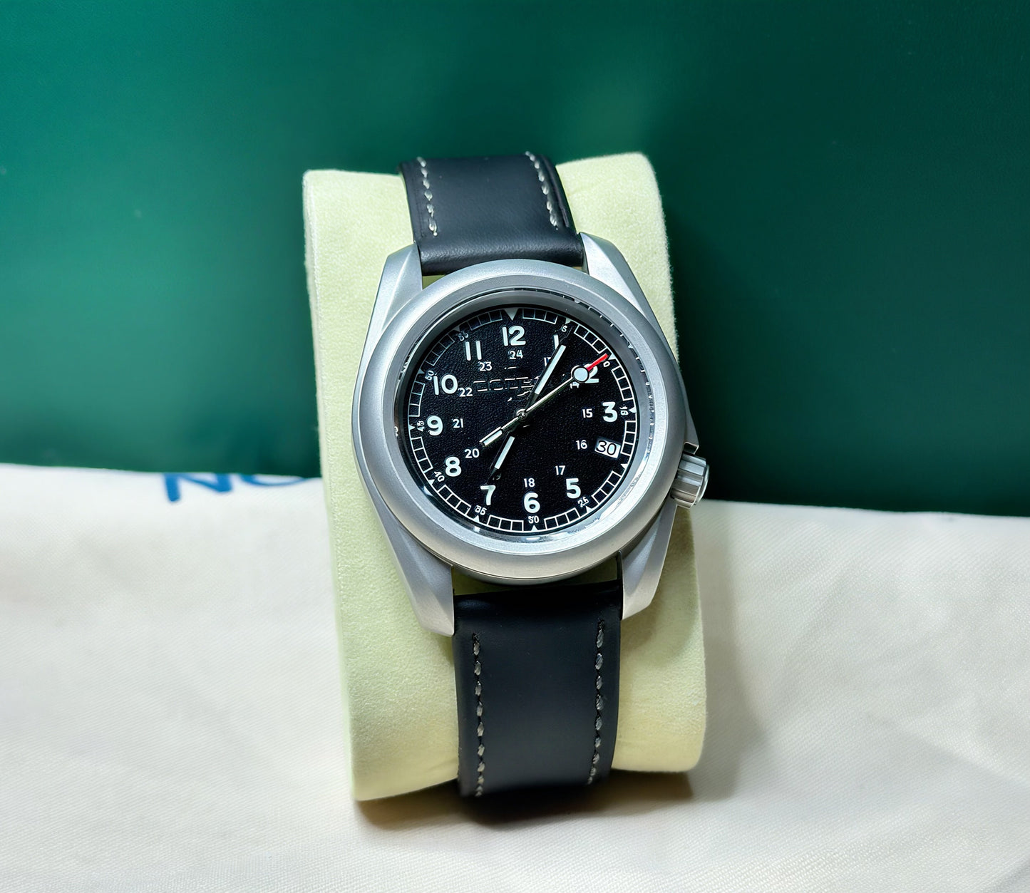 Sand Blasted 40mm Black Dial Field Watch on Genuine Black Leather Strap