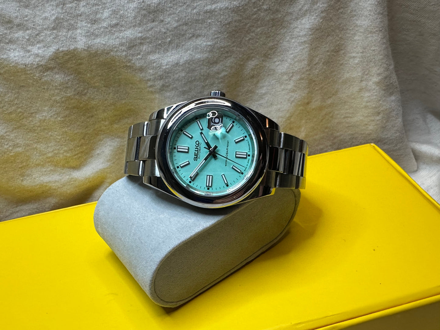 40mm mint blue dial date-just nh35 Seiko Mod on oyster stainless steel bracelet