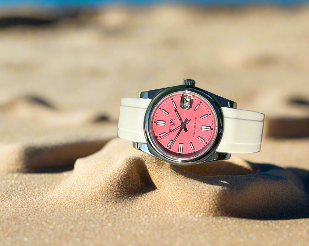 36mm Pink Datejust Smooth Bezel Automatic Watch on White silicone strap
