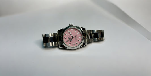 36mm Pink Explorer Automatic Watch on polished center link bracelet