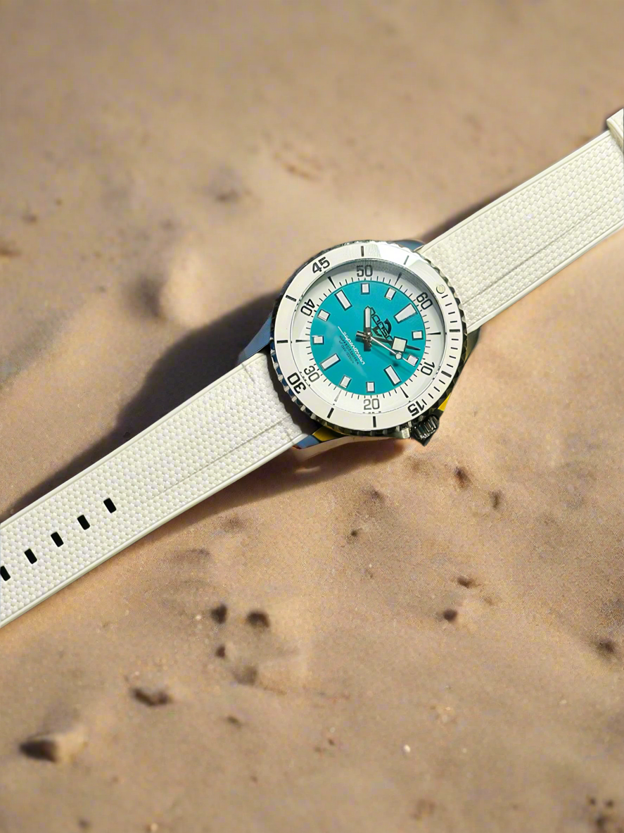 44mm Super Ocean Automatic Homage Watch- White bezel, Turquoise dial, rubber strap