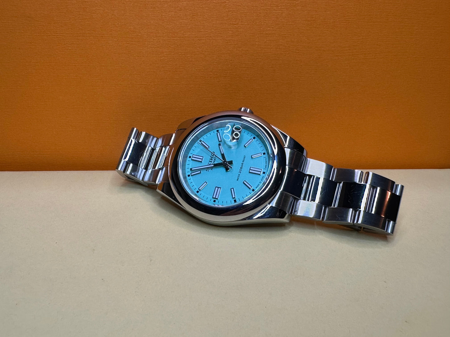 40mm mint blue dial date-just nh35 Seiko Mod on oyster stainless steel bracelet