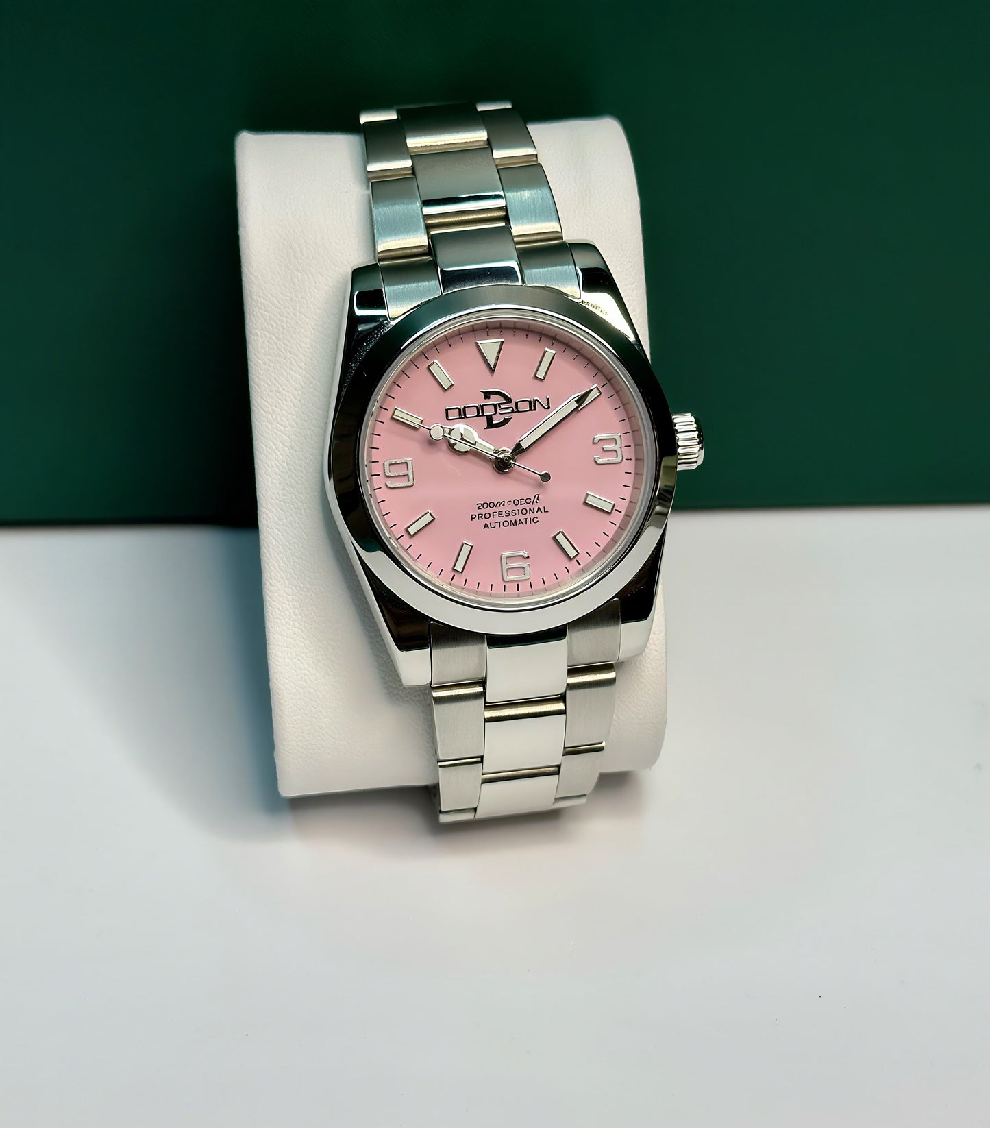 36mm Pink Explorer Automatic Watch on polished center link bracelet
