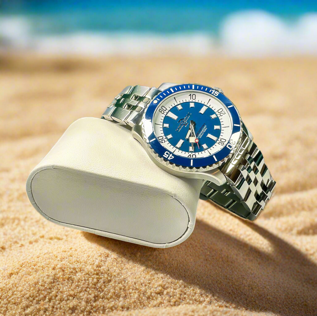 44mm Super Ocean Automatic Homage Watch- Blue Bezel, Blue Dial on stainless steel bracelet