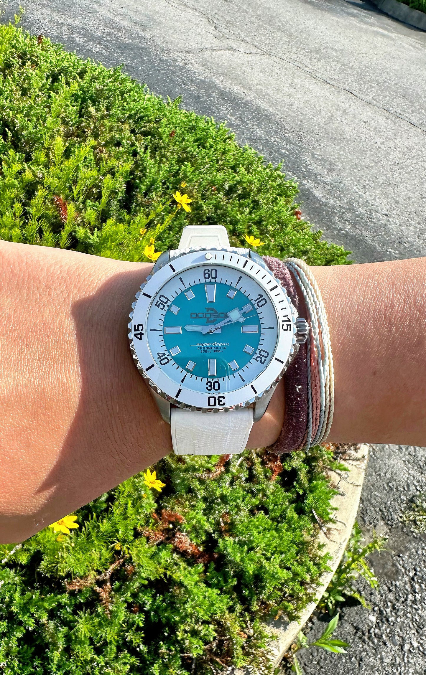 44mm Super Ocean Automatic Homage Watch- White bezel, Turquoise dial, rubber strap
