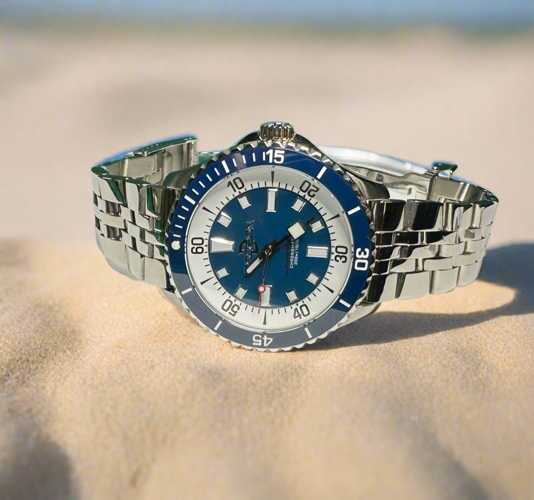 44mm Super Ocean Automatic Homage Watch- Blue Bezel, Blue Dial on stainless steel bracelet