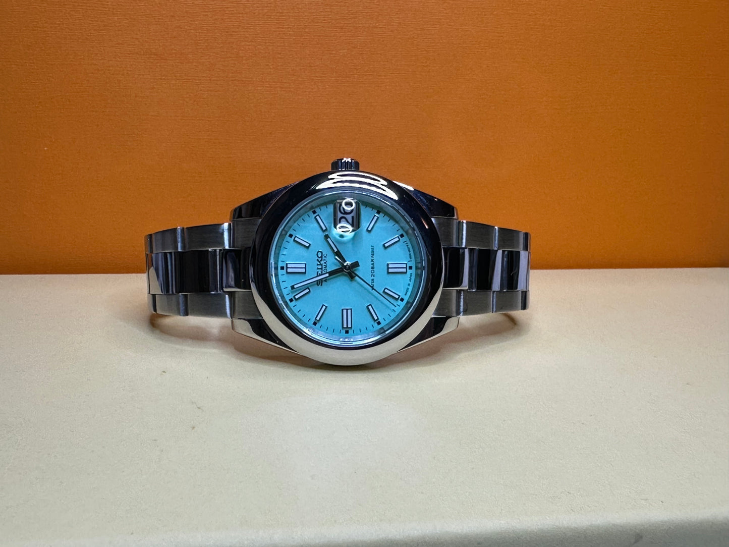 40mm mint blue dial date-just nh35 Seiko Mod on oyster stainless steel bracelet