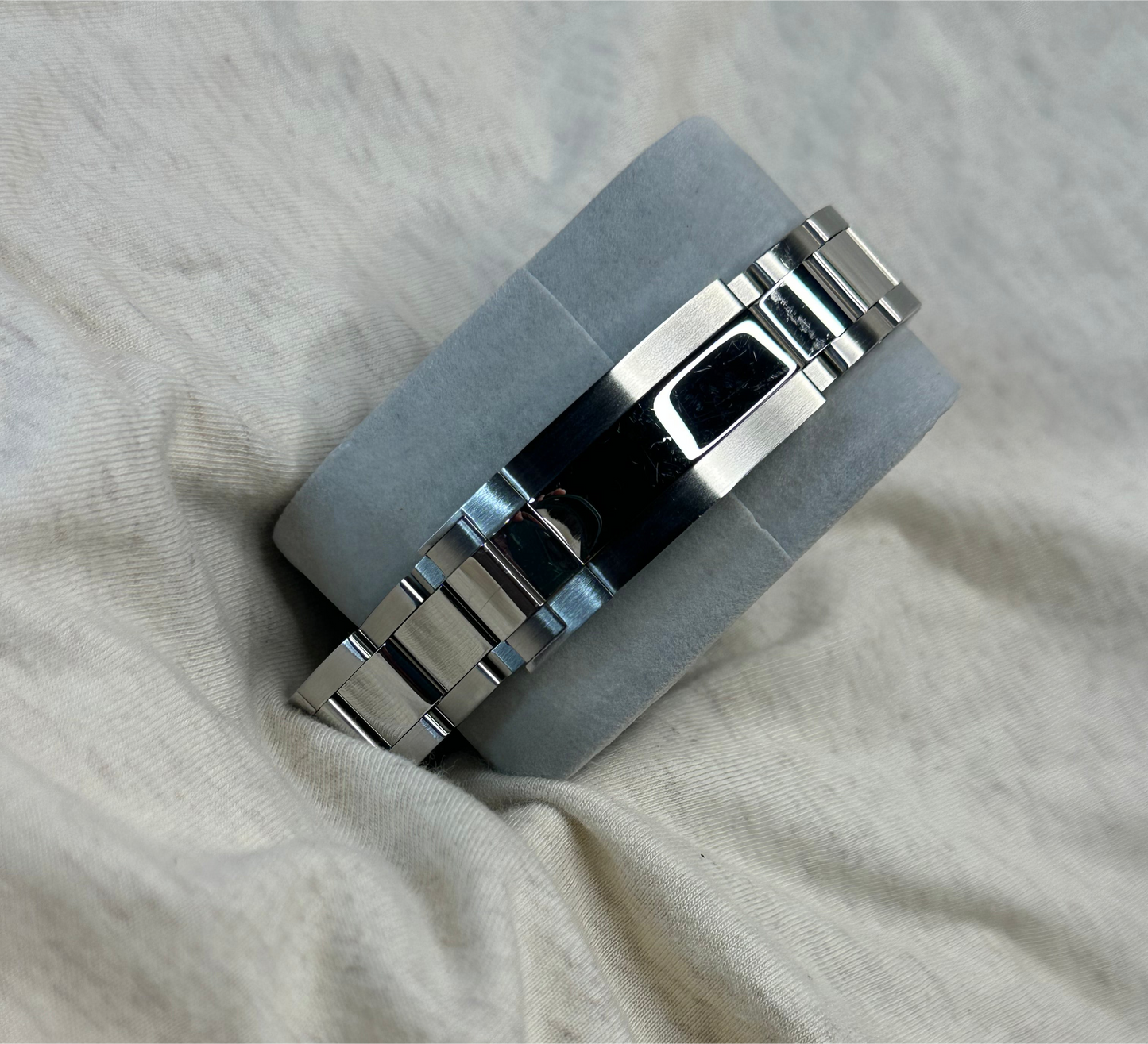 36mm Pink Explorer Automatic Watch on polished center link bracelet