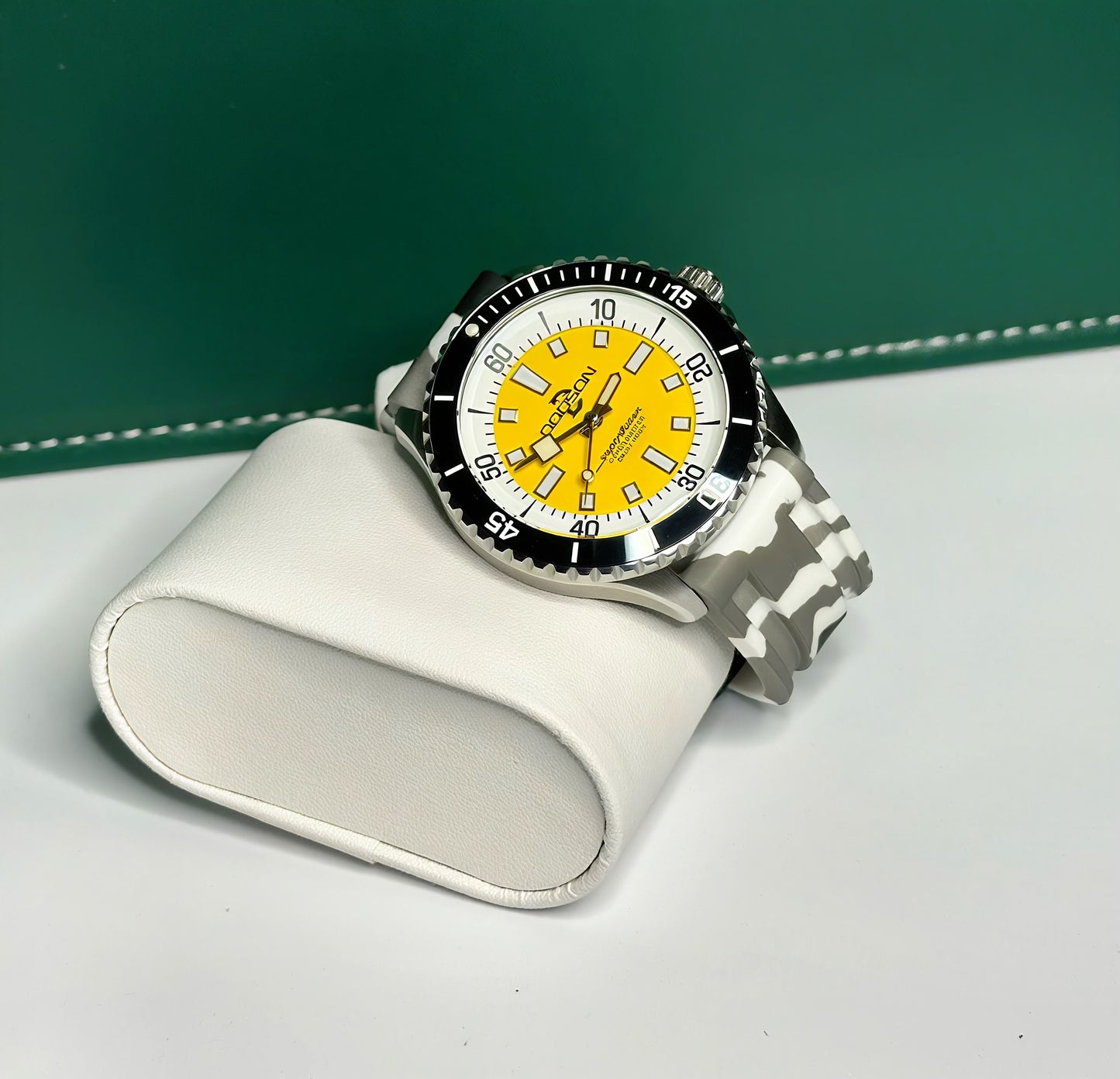 44mm Super Ocean Automatic Homage Watch- Black bezel, Yellow dial, rubber strap