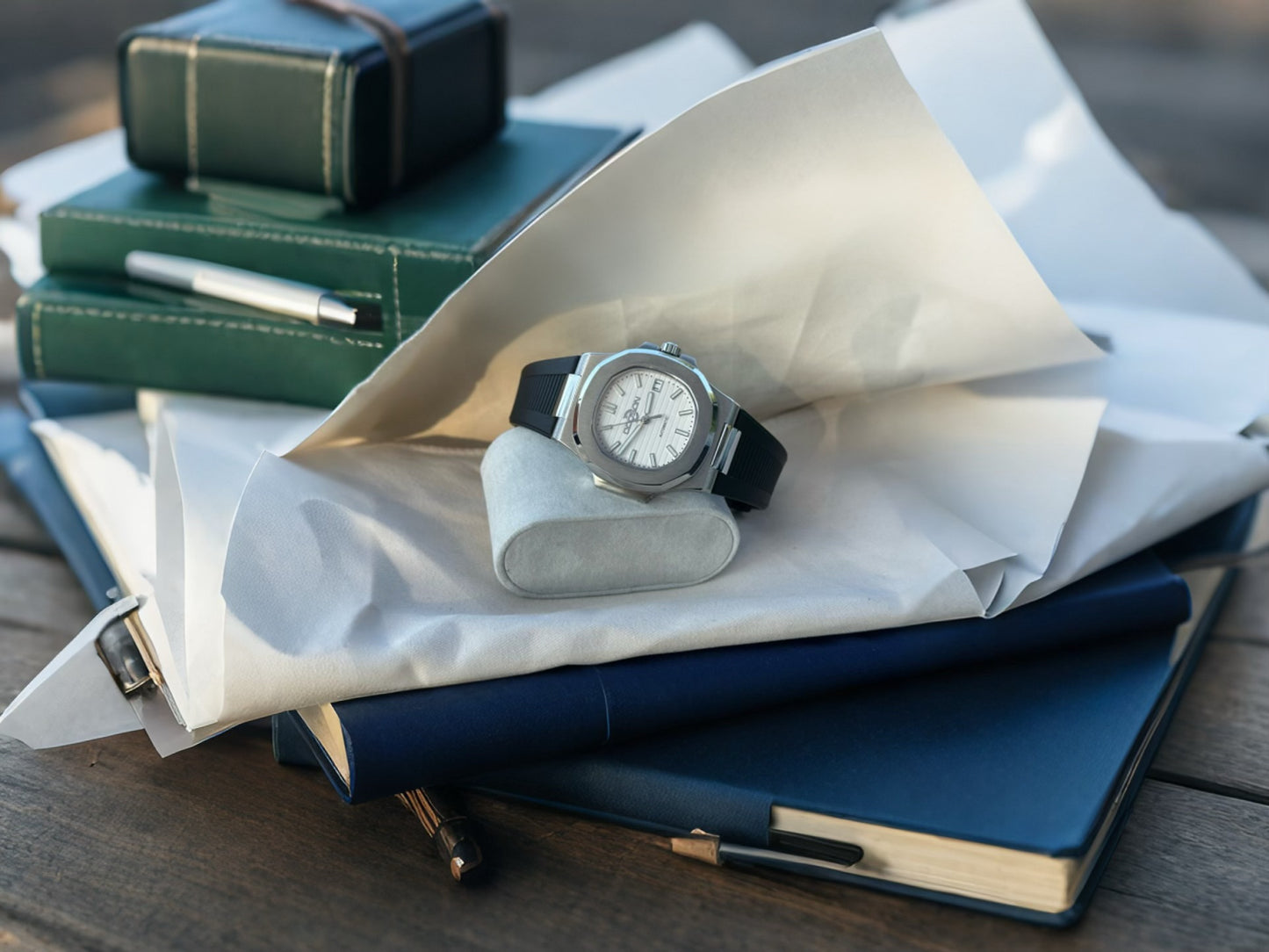 Nautilus style white dial automatic watch