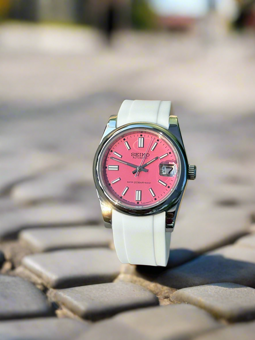 36mm Pink Datejust Smooth Bezel Automatic Watch on White silicone strap