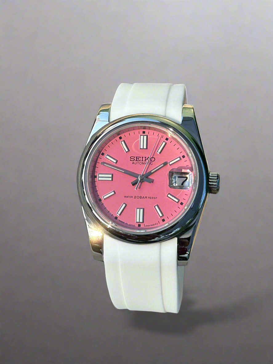 36mm Pink Datejust Smooth Bezel Automatic Watch on White silicone strap