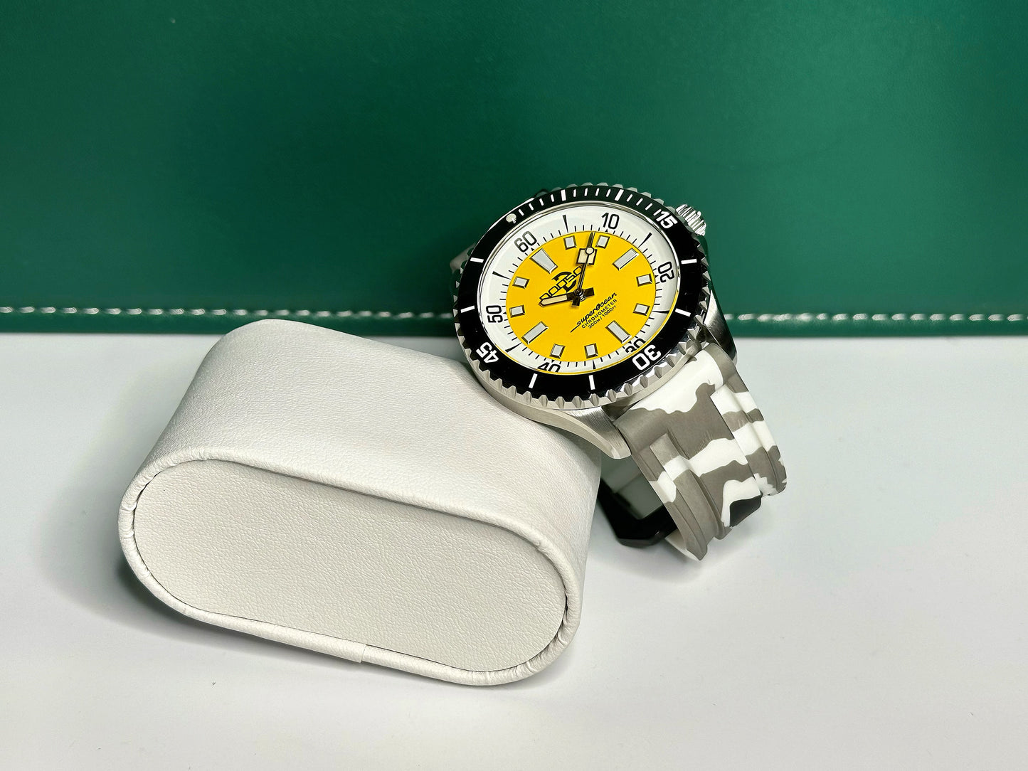 44mm Super Ocean Automatic Homage Watch- Black bezel, Yellow dial, rubber strap