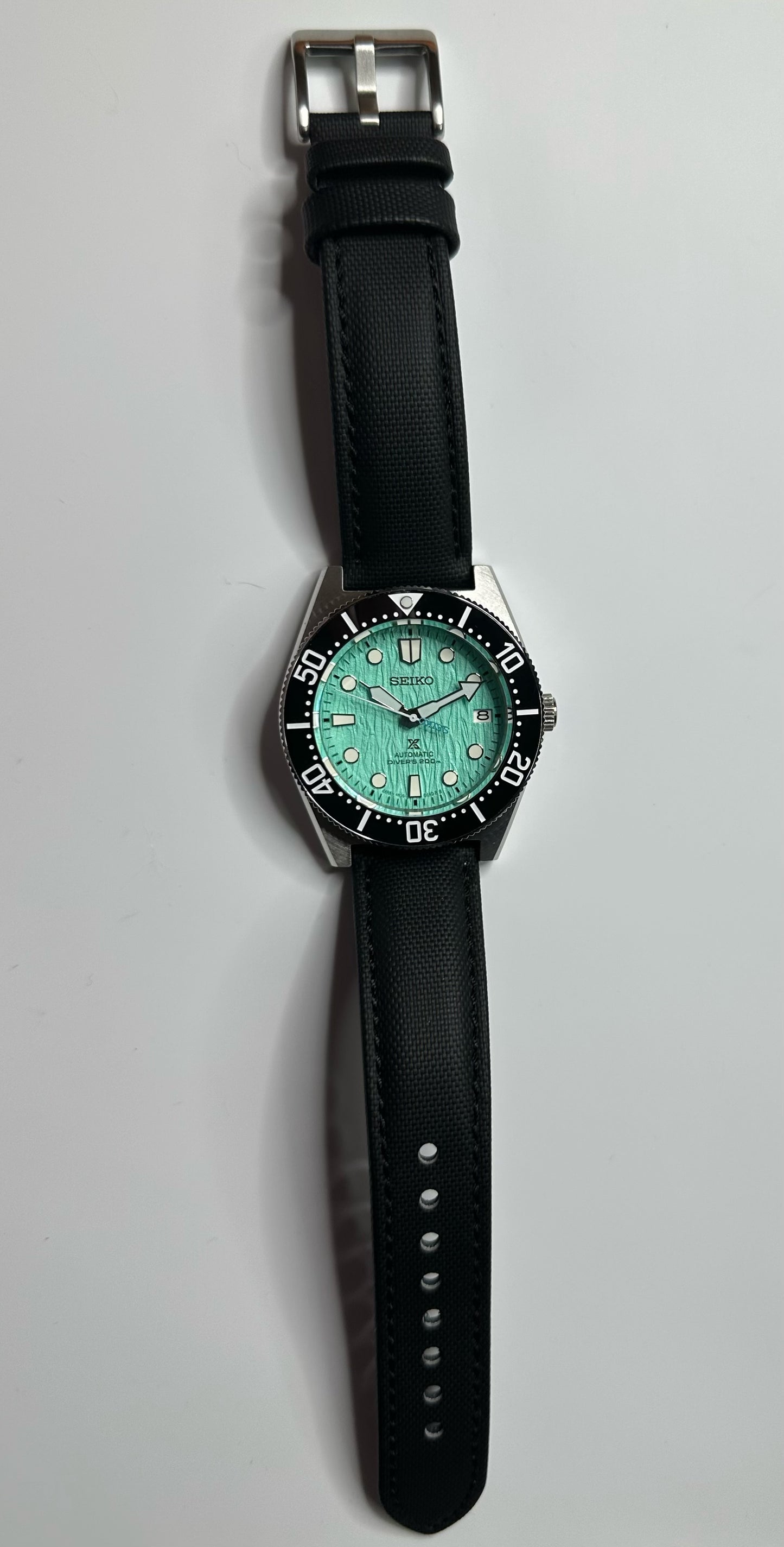 40.5mm Mint Green Automatic Dive Watch on black sail cloth strap