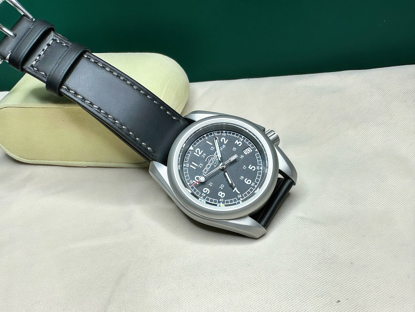 Sand Blasted 40mm Black Dial Field Watch on Genuine Black Leather Strap