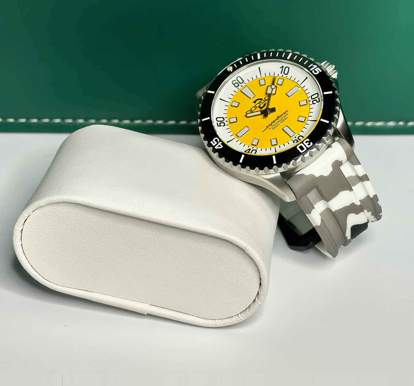44mm Super Ocean Automatic Homage Watch- Black bezel, Yellow dial, rubber strap