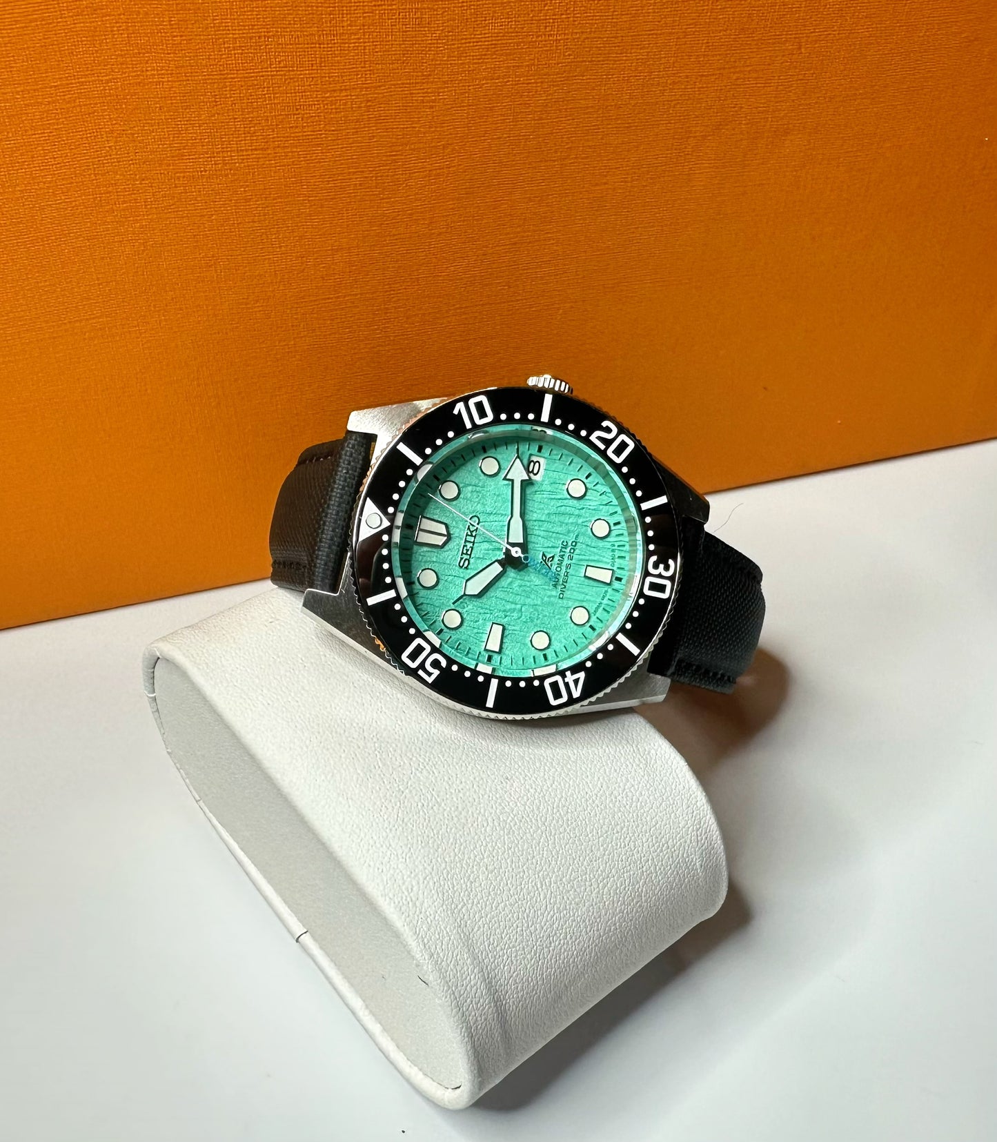 40.5mm Mint Green Automatic Dive Watch on black sail cloth strap