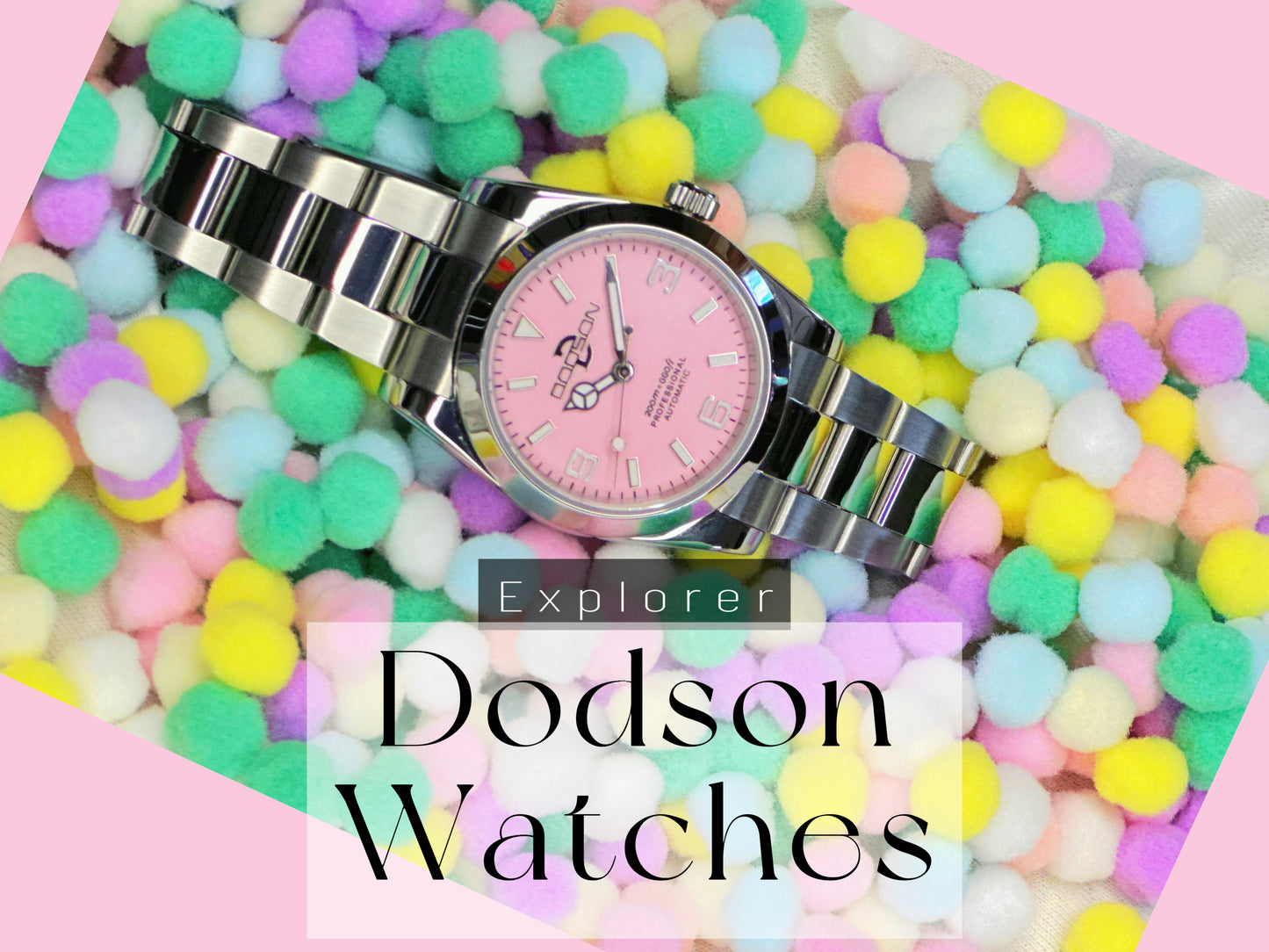 36mm Pink Explorer Automatic Watch on polished center link bracelet