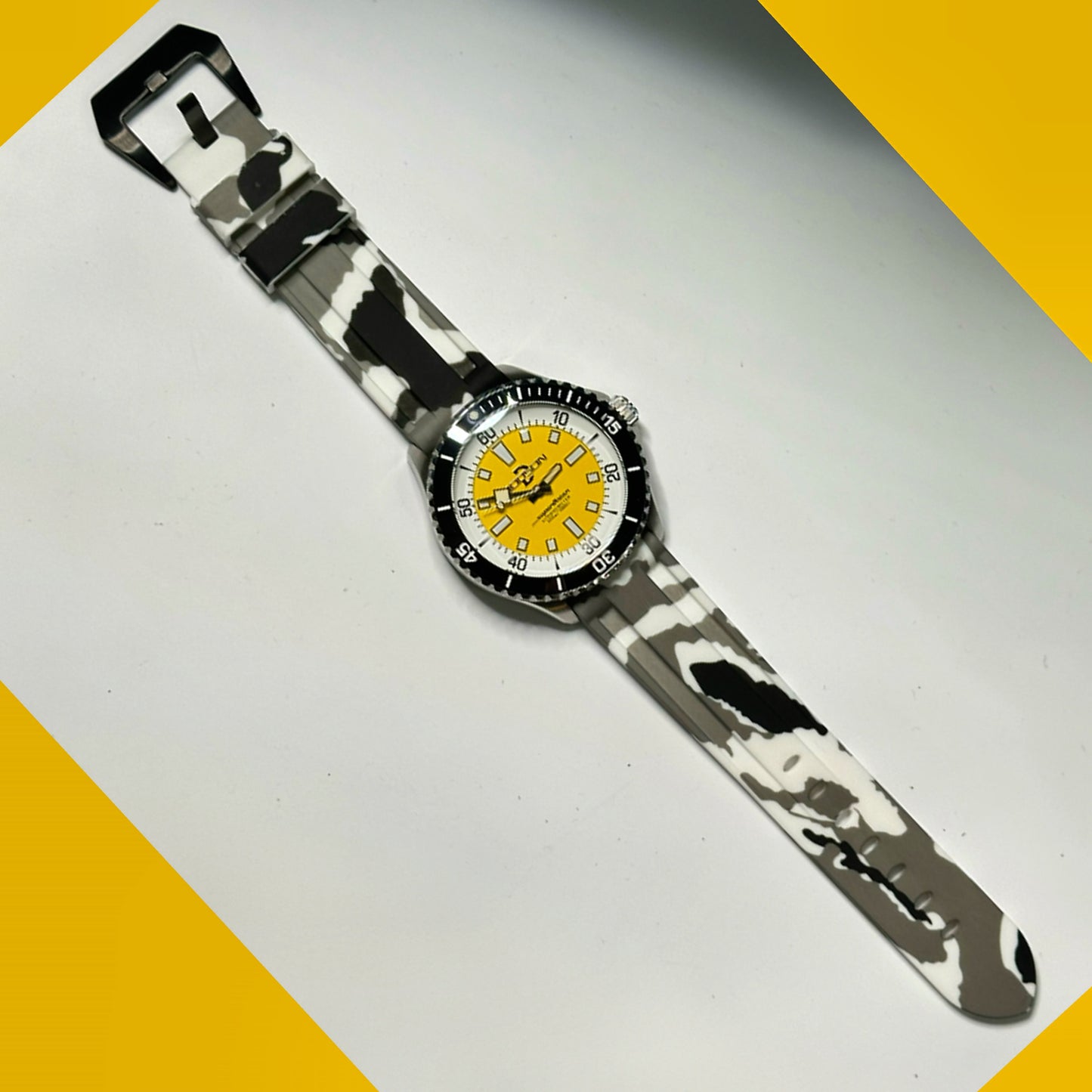 44mm Super Ocean Automatic Homage Watch- Black bezel, Yellow dial, rubber strap