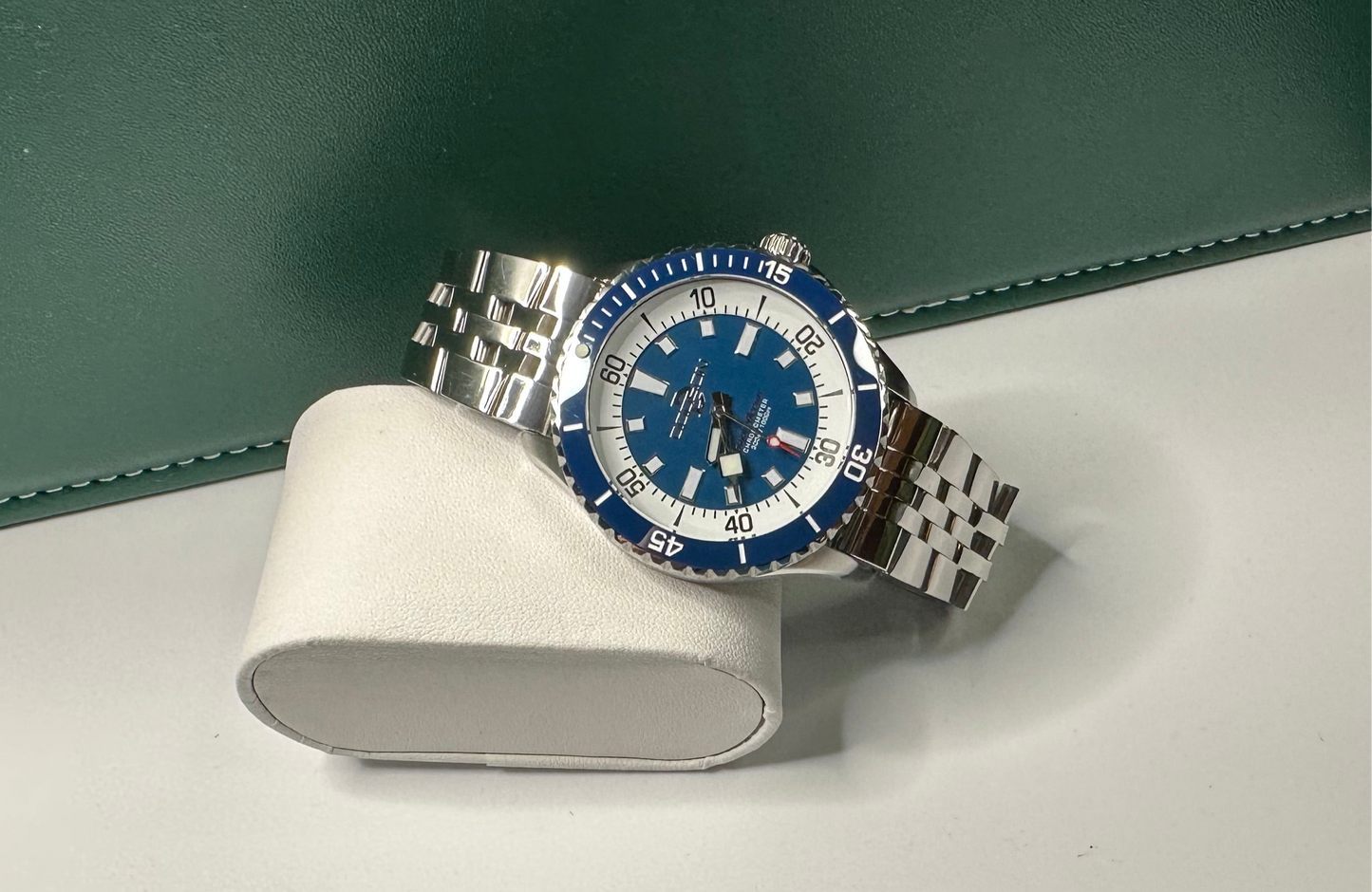 44mm Super Ocean Automatic Homage Watch- Blue Bezel, Blue Dial on stainless steel bracelet